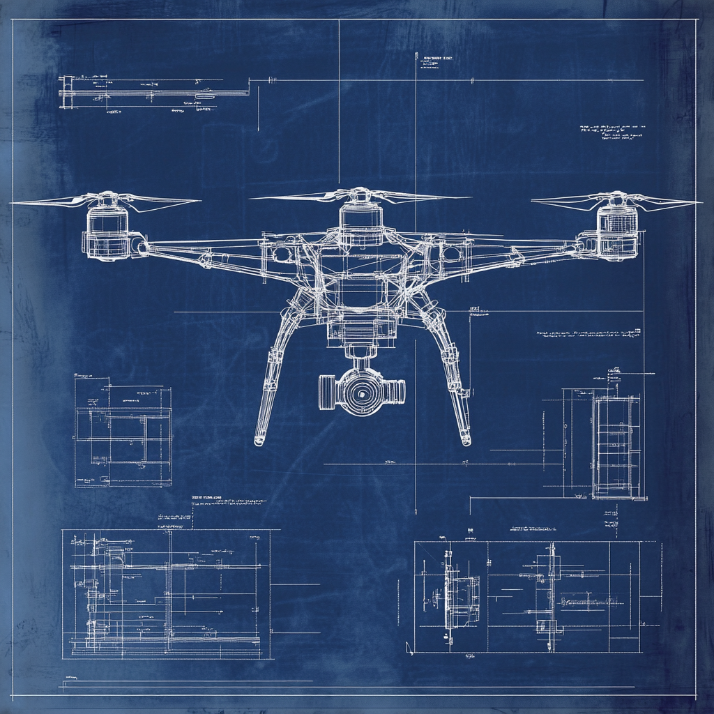 A detailed specification sheet on blueprint paper for drone with callouts and dimensions, highly technical