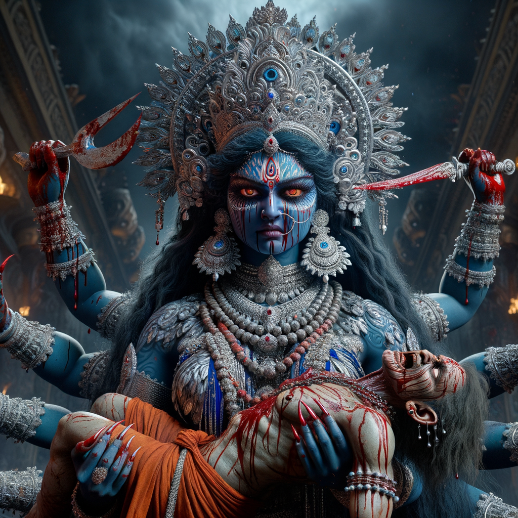 portrait of angry looking, gorgeous goddess kali, blue skinned carrying a weak mahishasur in her two arms and poking him with her amazingly long red fingernails. She is wearing a huge silver crown, red saree, abundant silver jewelry, covered in blood. The scene is set in ancient India. The image is 8K resolution, cinematic, ultra detailed face and epic.