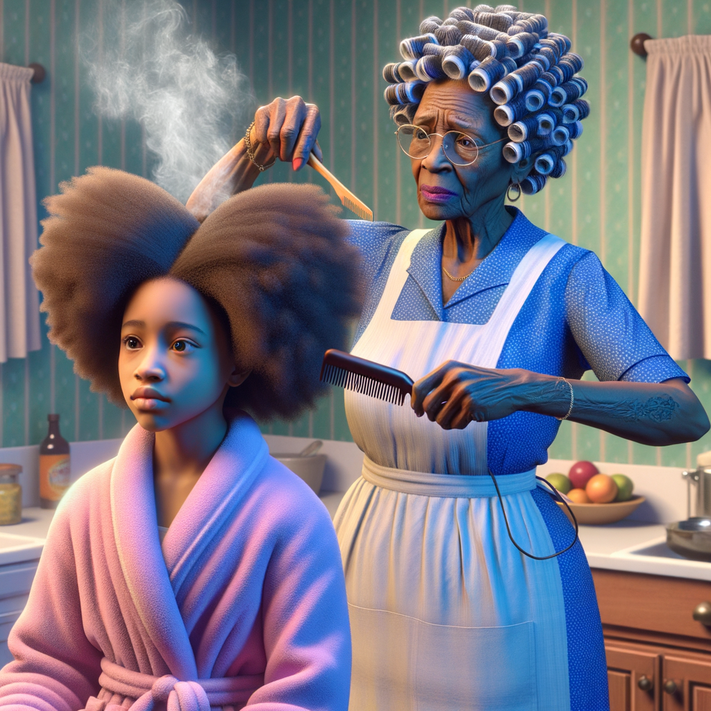 Create a realistic 3-D image of an african-American grandmother wearing a blue house dress and a white apron . She is in the kitchen with her african-American granddaughter. Her granddaughter is wearing a pink bath robe. The grandmother has a hot comb in her hand and she is straightening her granddaughters hair. One side of her granddaughters hair is in  a Afro the other straight 
There is smoke coming from the hot comb
The granddaughter is making a face