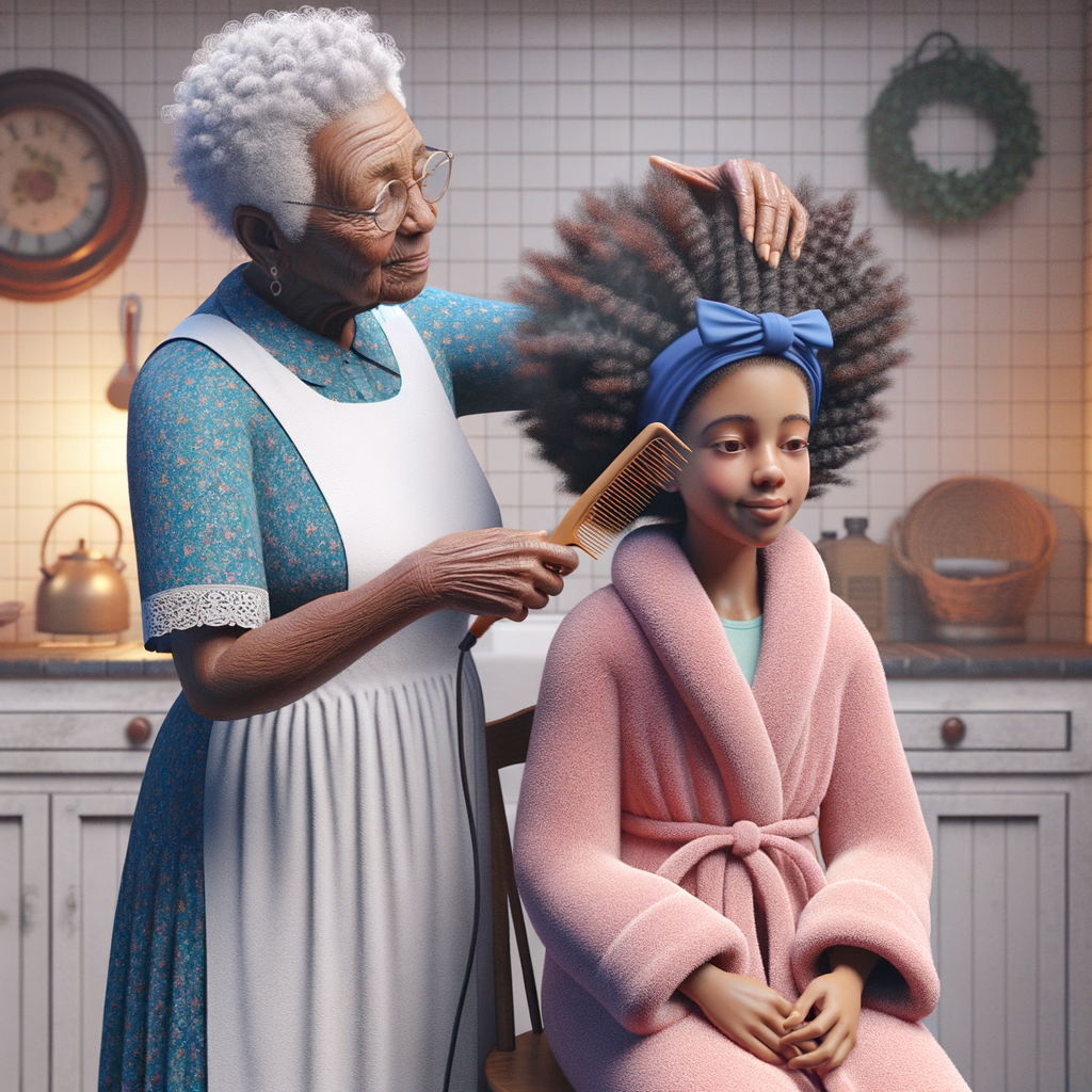 Create a realistic 3-D image of an african-American grandmother wearing a blue house dress and a white apron . She is in the kitchen with her african-American granddaughter. Her granddaughter is wearing a pink bath robe. The grandmother has a hot comb in her hand and she is straightening her granddaughters hair. One side of her granddaughters hair is in  a Afro the other straight 
There is smoke coming from the hot comb
The granddaughter is making a face