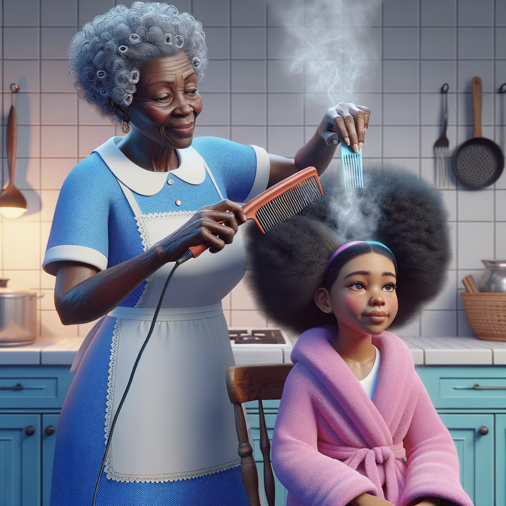 Create a realistic 3-D image of an african-American grandmother wearing a blue house dress and a white apron . She is in the kitchen with her african-American granddaughter. Her granddaughter is wearing a pink bath robe. The grandmother has a hot comb in her hand and she is straightening her granddaughters hair. One side of her granddaughters hair is in  a Afro the other straight 
There is smoke coming from the hot comb
The granddaughter is making a face