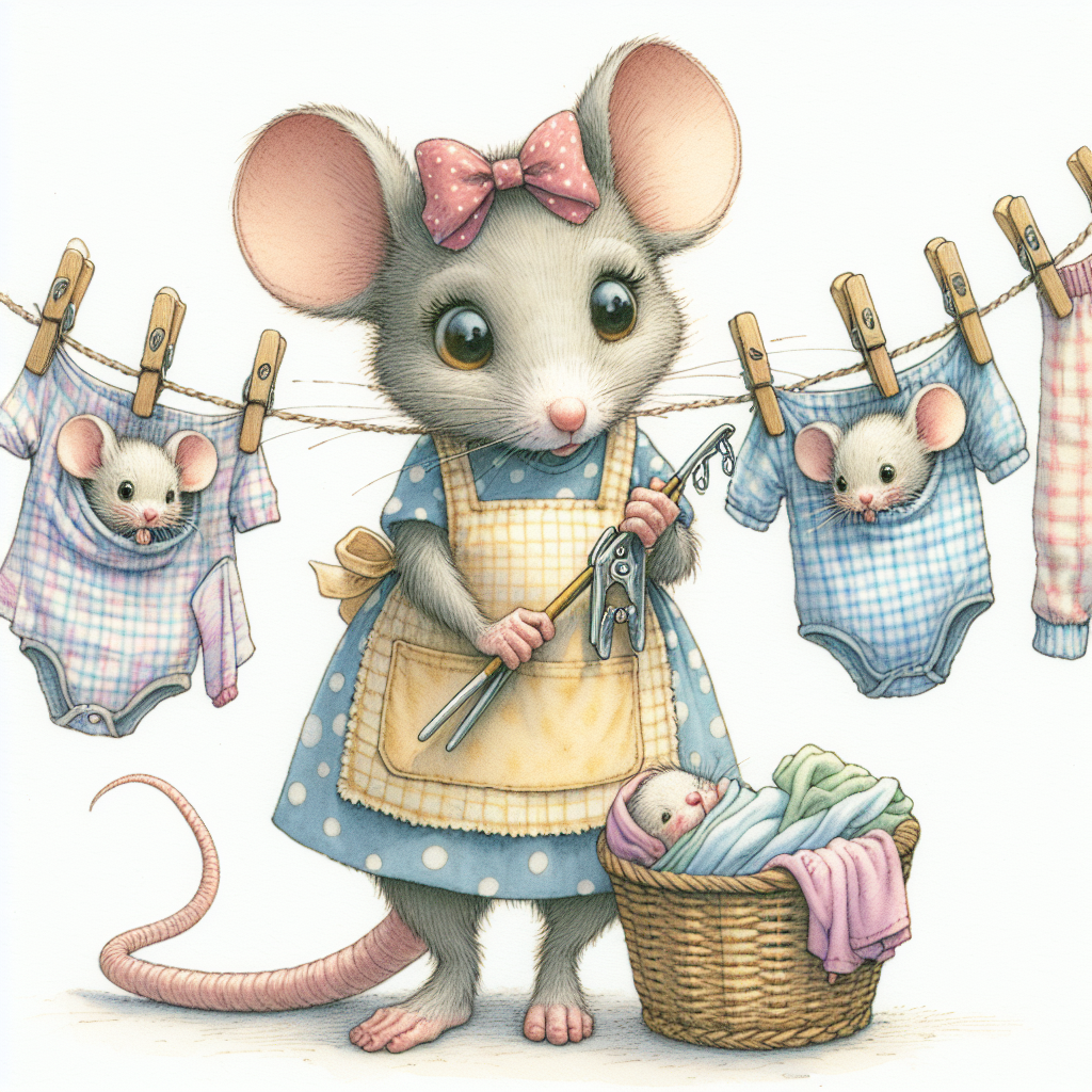 A picture of a cute mother mouse with big eyes, wearing an apron and a bow on top of her head, she is  hanging laundry on the clothing line wich has 2 mouse babies hanging from the line wrapped in a blanket and held by clothing pins on the line. The laundry line has a baby shirts. Full shot. watercolour illustration with pencil outline