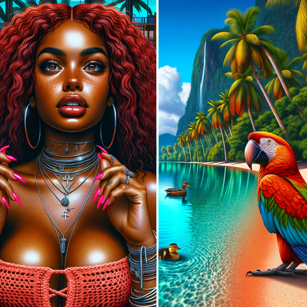 Tropical forest landscape Pretty blue exotic waters palm trees beautiful sand, ducks in the water.An Street art style image of a thick African American woman she’s wearing a Coral crochet off the shoulder dress, sandals, warm mahogany skin tone, full lips, long wispy lashes, freckles, multiple silver necklaces, rings, pink nails. wet wavy red hair, parrot on her shoulder, electrostatic art contrast colors high definition