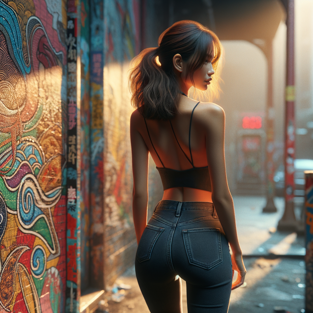 Athletic Thin skinny Attractive, Asian teenage girl, long brown hair and bangs, wearing tight skinny jeans and a halter top paint marks on her clothing, heroic pose Asian graffiti background, backside view