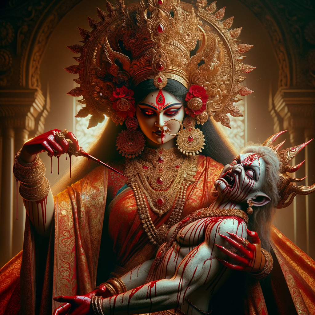 portrait of angry looking goddess durga  carrying a weak mahishasur in her arms and poking him with her amazingly long red fingernails. She is wearing a huge gold crown, red saree, abundant  gold jewelry, covered in blood. The scene is set in ancient India. The image is 8K resolution, cinematic, ultra detailed face and epic.