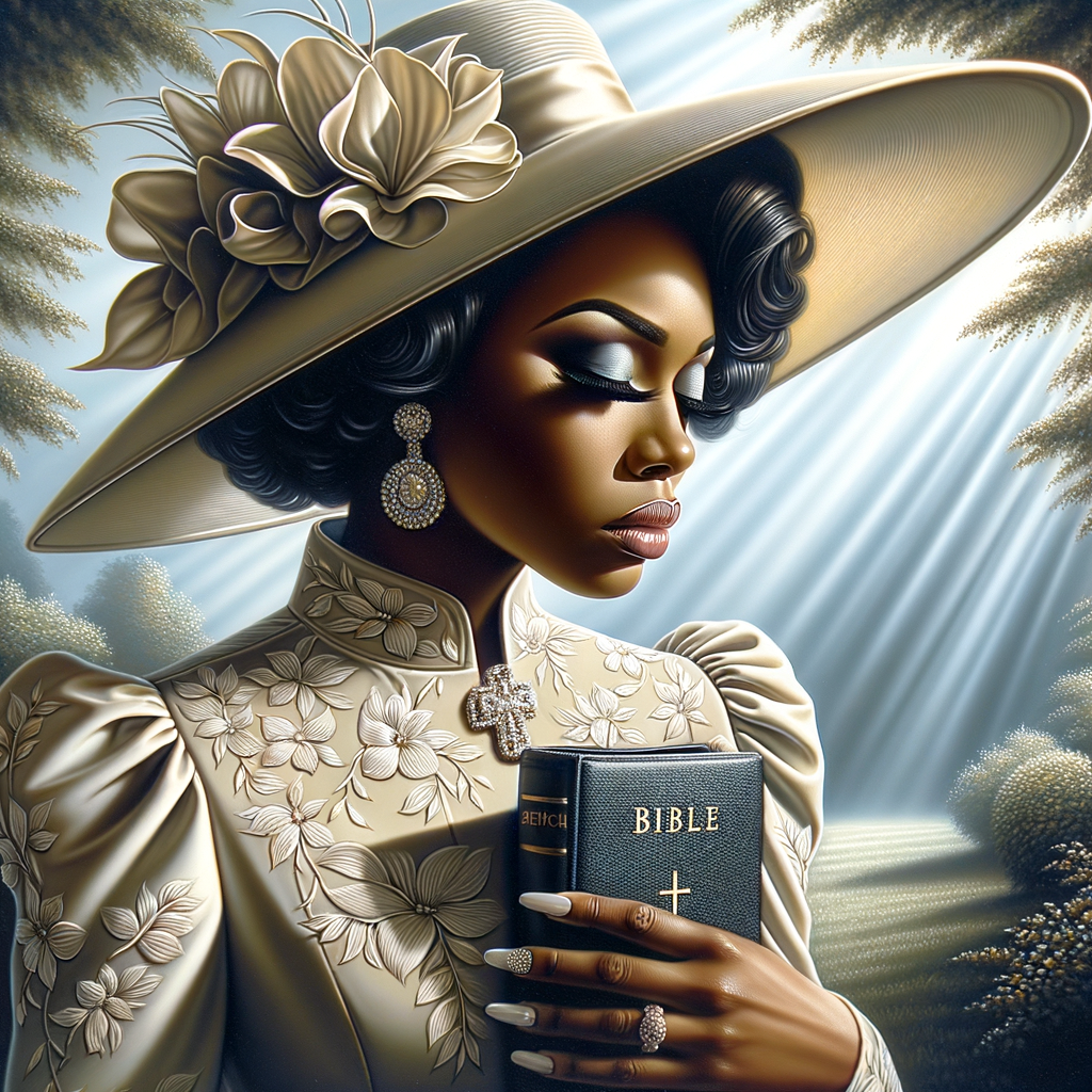 Render an airbrush oil painting of an African American woman with flawless makeup in a
contemplative pose, holding a Bible close to her heart, dressed in an elegant Sunday Best
outfit with a distinctive Church Hat. The background features a peaceful church garden,
with light filtering through the trees, highlighting her spiritual connection and the personal
moment of reflection. The artwork should capture the tranquility of the scene, the beauty
of her attire, and the depth of her contemplation, reflecting a serene and spiritually