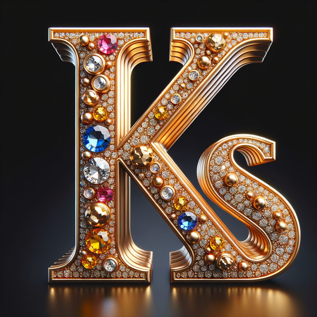 Create a 3-D realistic image with the letters  K.S. in gold raised letters , Add diamonds and colorful jewels