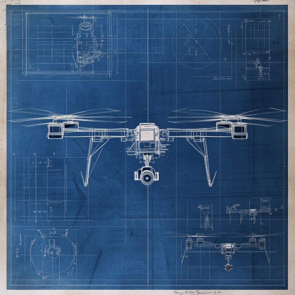 A detailed specification sheet on blueprint paper for minimuist drone with callouts and dimensions, highly technical