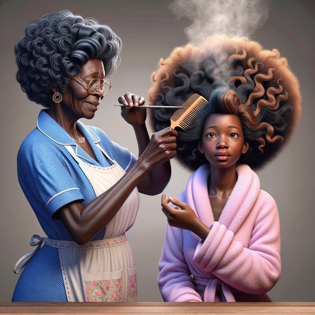 Create a realistic 3-D image of an african-American grandmother wearing a blue house dress and a white apron . She is in the kitchen with her african-American granddaughter. Her granddaughter is wearing a pink bath robe. The grandmother has a hot comb in her hand and she is straightening her granddaughters hair. One side of her granddaughters hair is in  a Afro the other straight 
There is smoke coming from the hot comb
The granddaughter is holding her ear and making a funny face