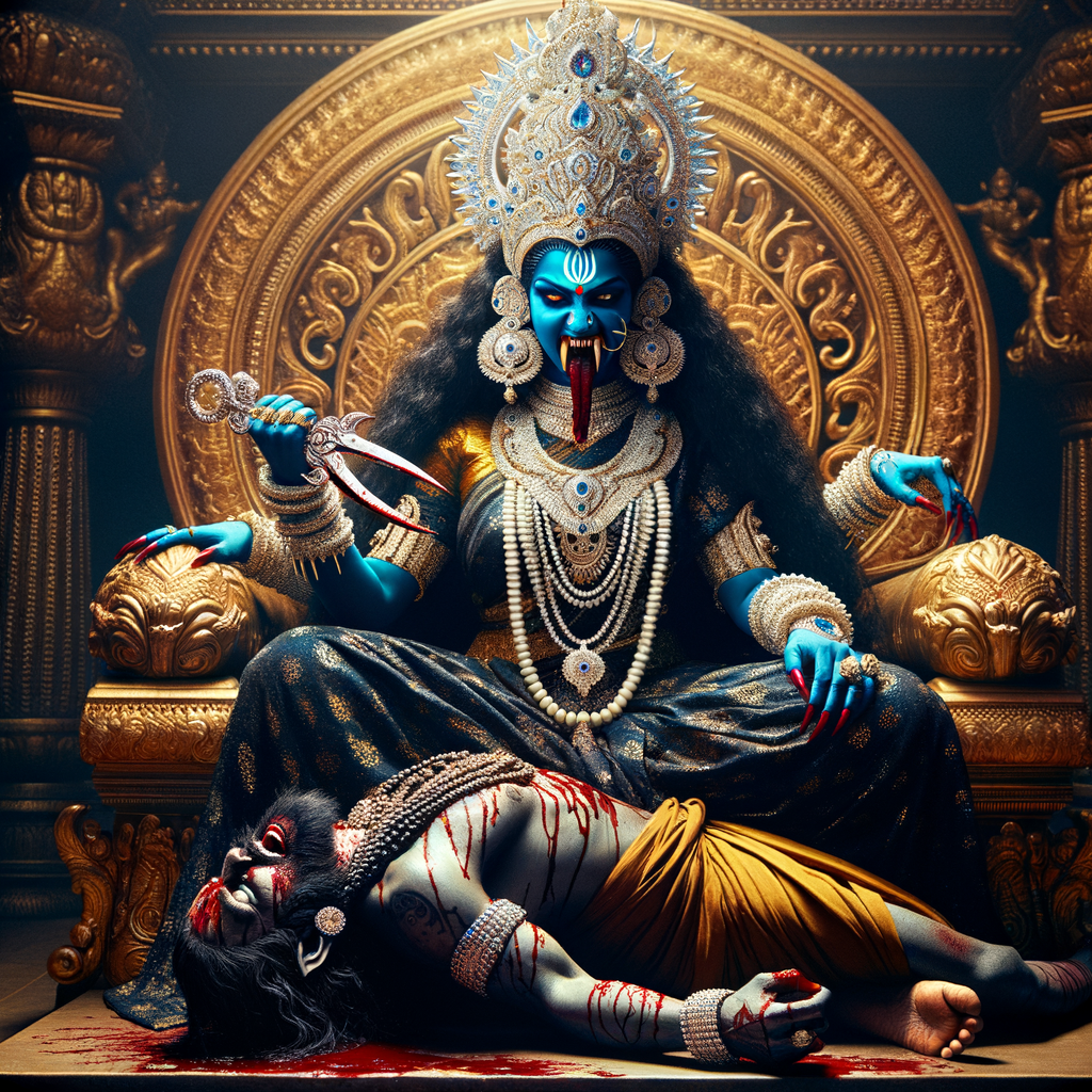 portrait of angry looking goddess kaali, blue skinned sitting on a gold crown and carrying a weak mahishasur on her lap and stabbing him with her amazingly long fingernails. She is wearing a huge diamond crown, black saree, abundant diamond jewelry, covered in blood. The scene is set in ancient India. The image is 8K resolution, photograph, cinematic, ultra detailed face and epic.