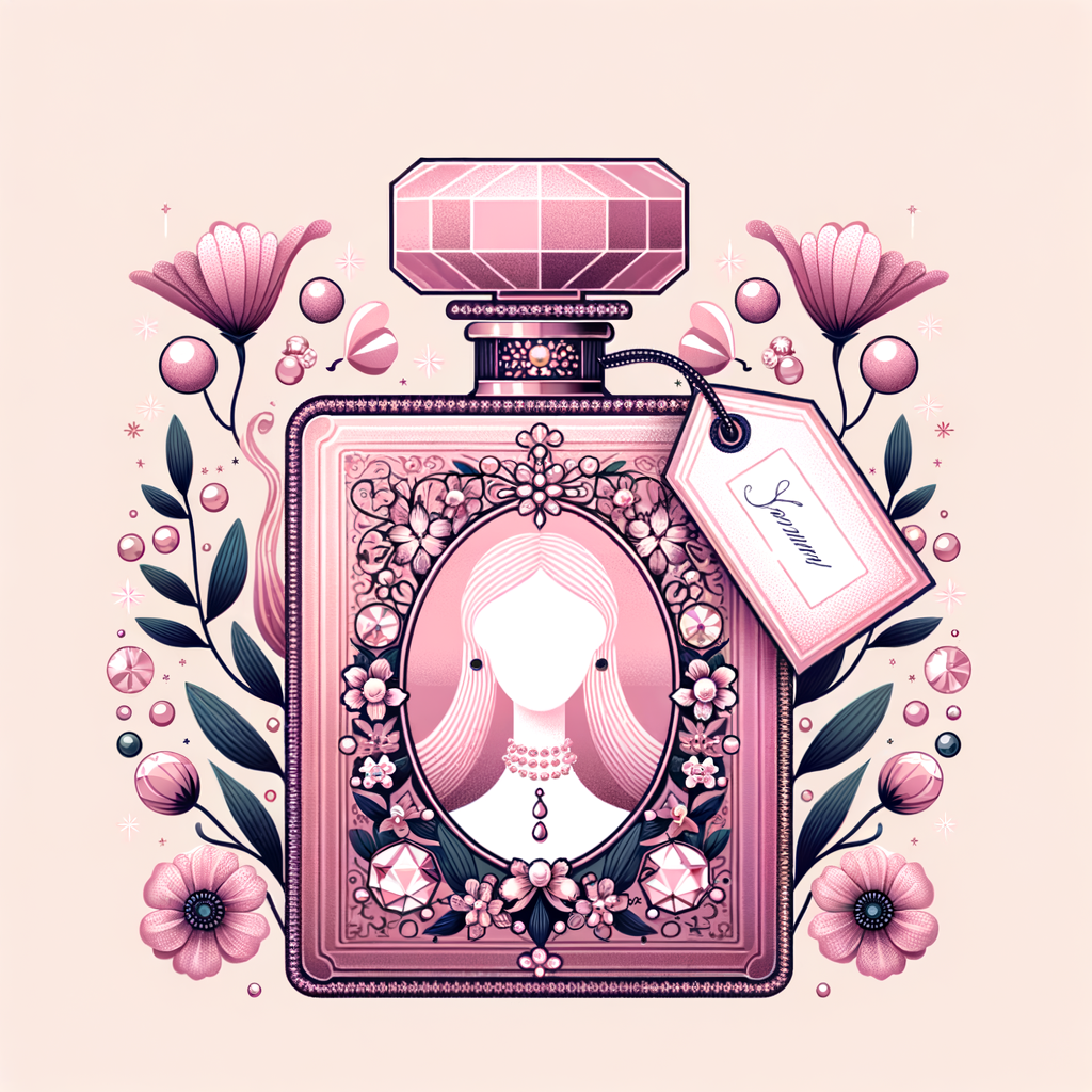 Design a fancy pink perfume bottle in the shape of a woman’s body with flowers, Pearls and diamonds and the name Karen