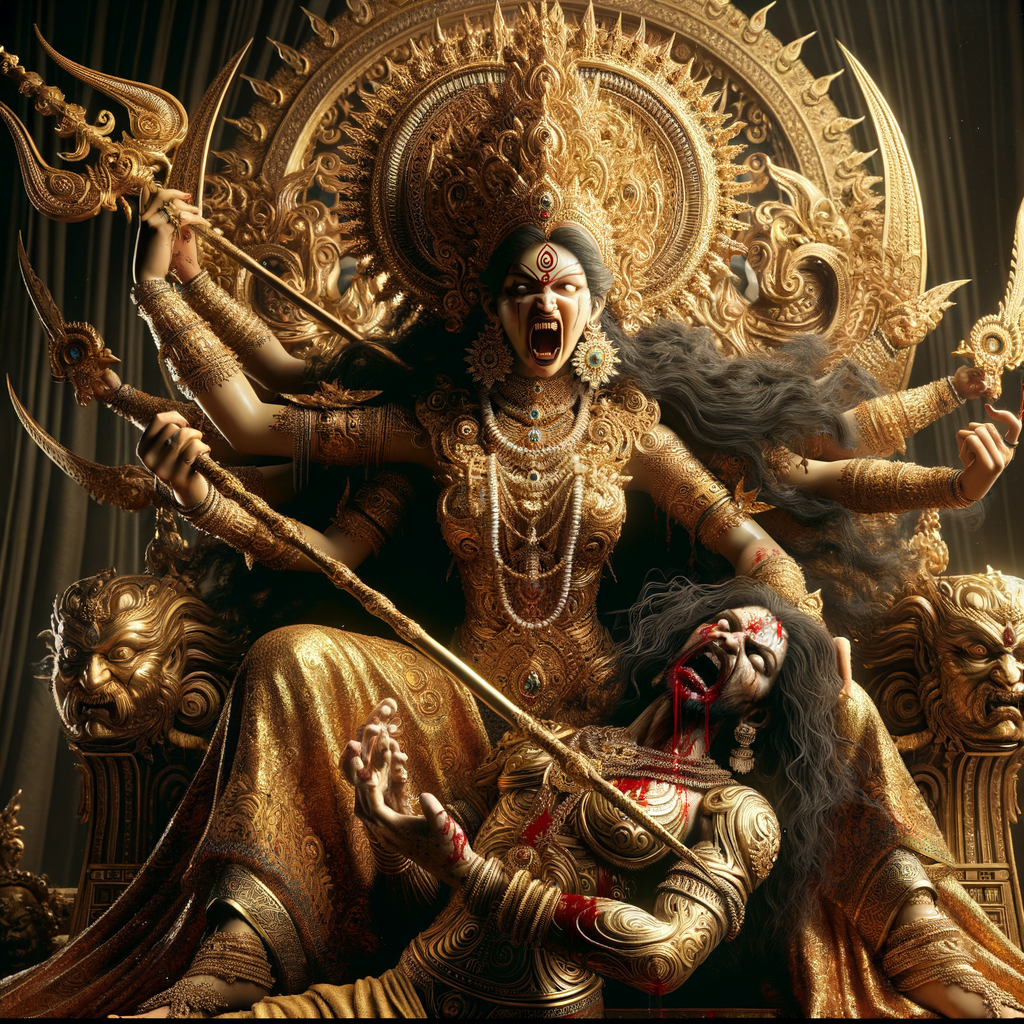 photograph of angry looking goddess durga sitting on a gold crown and carrying a weak mahishasur on her lap and stabbing him with her amazingly designed trident. She is wearing gold armor, a huge gold crown, gold saree, abundant  gold jewelry, covered in blood. The scene is set in ancient India. The image is 8K resolution, cinematic, ultra detailed face and epic.