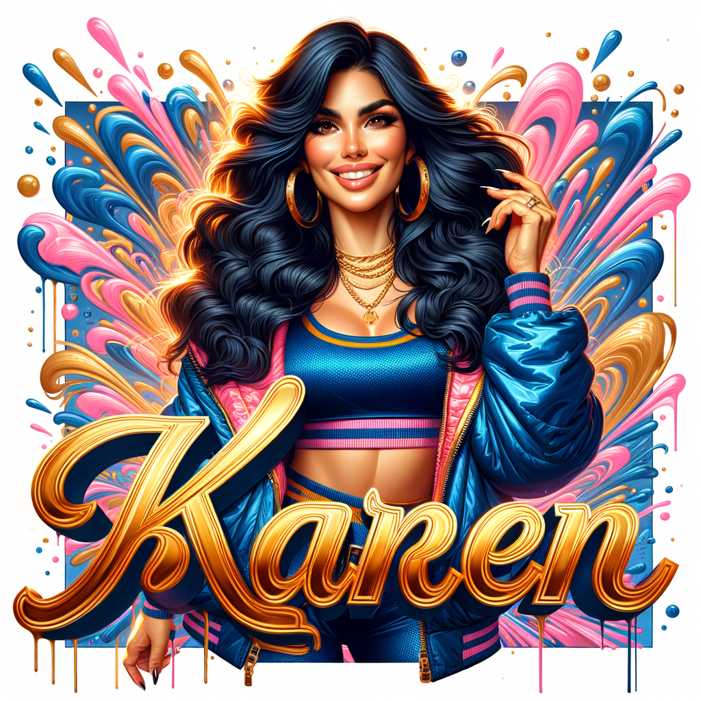 3D writing name "KAREN" bold glossy gold. There is a beautiful latino woman, smiling with long black, wavy hair,, blue and gold trendy jacket and outfits in blue, pink, and gold tones, sport shoes, sitting under the name. Her outfits are glossy. dynamic color explosion background, of pink, blue, gold colors, splashed on white wall