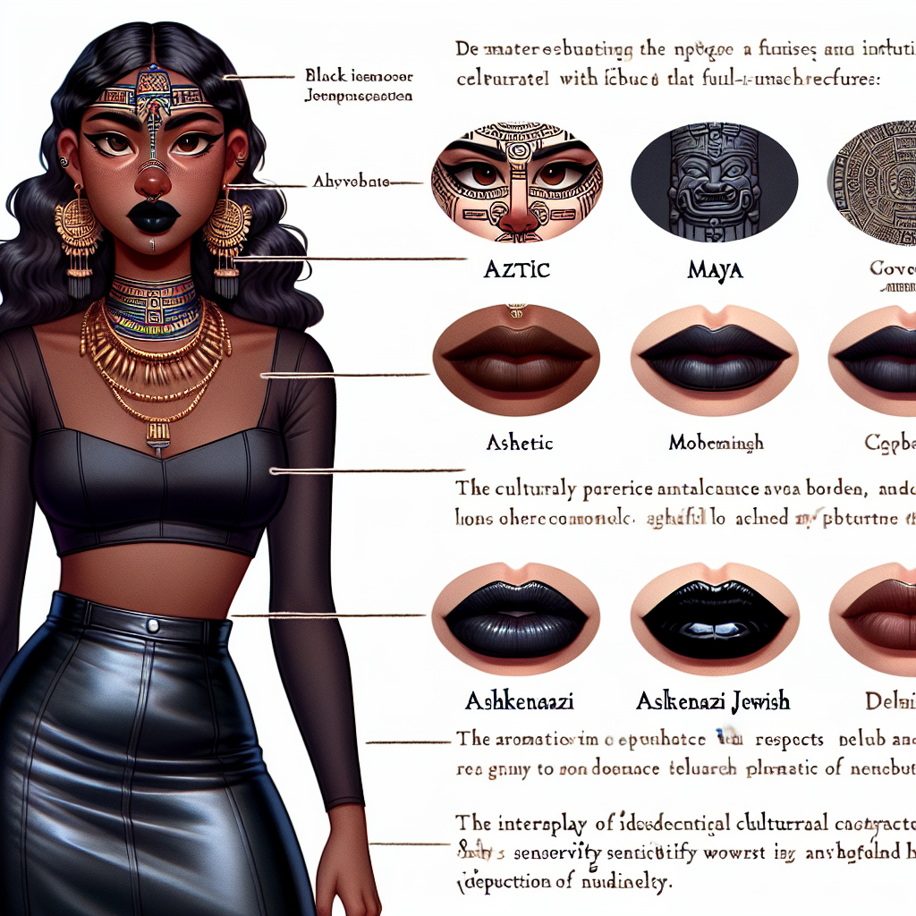 Create a character portrait that fuses Aztec and Maya cultural elements with Ashkenazi Jewish features, showcasing a poised and intelligent demeanor. The character should have a compelling aura, with curvaceous lines suggestive of a full-figure. Adorn her with striking, glossy black makeup that accentuates her lips, complementing the overall mystique and cultural blend. Outfit her with culturally appropriate attire that respects the sensitivity towards depicting nudity. Dress her in black faux leather skirt and camisole.