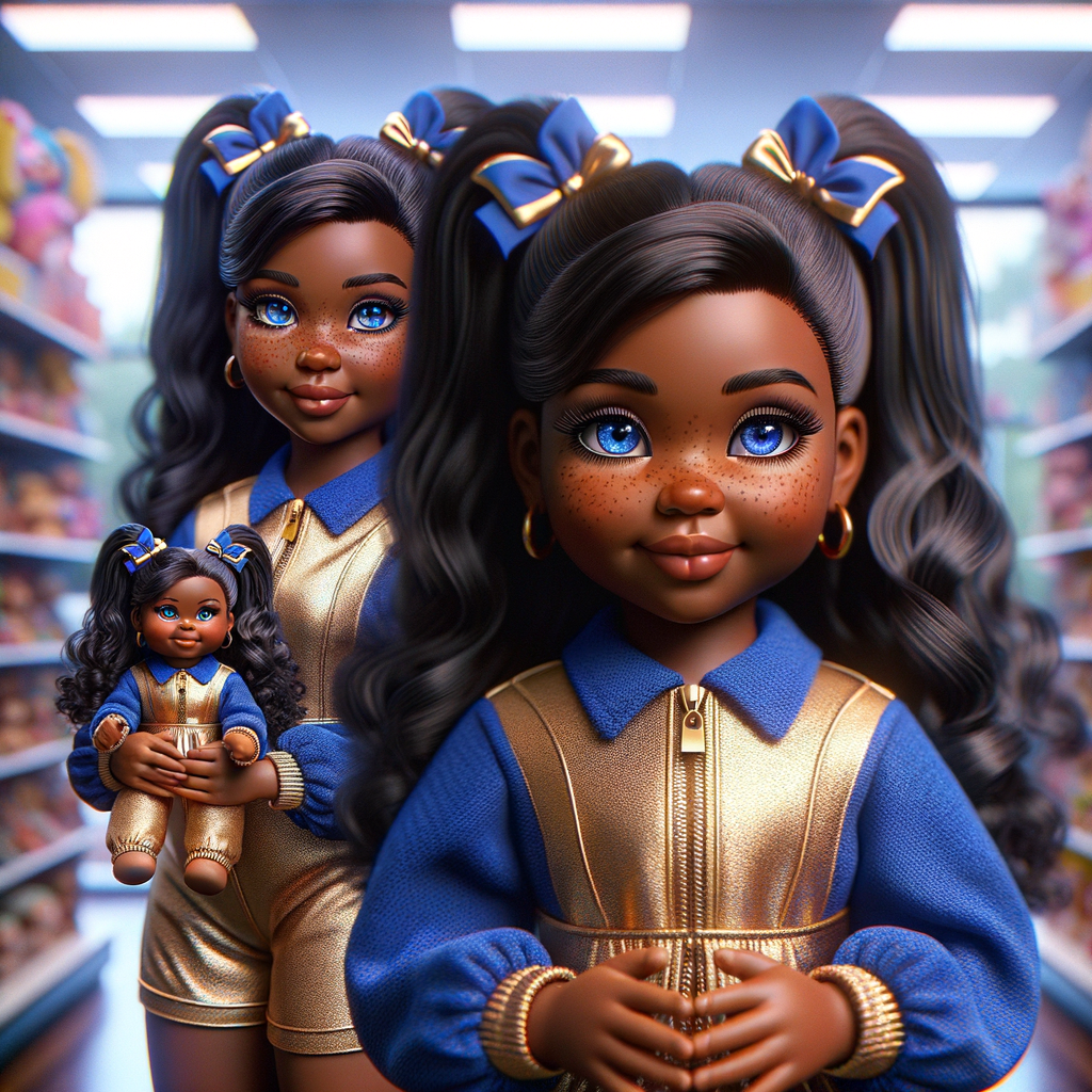 Create a 3-D image of an african-American little girl inside of a medium size, toy store. The little girl has thick long, ponytails and huge blue eyes. She has on a gold and blue jumpsuit with matching bows, She is playing with her favorite african-American cabbage patch doll, the doll has deep, dimples, and freckles and looks just like her