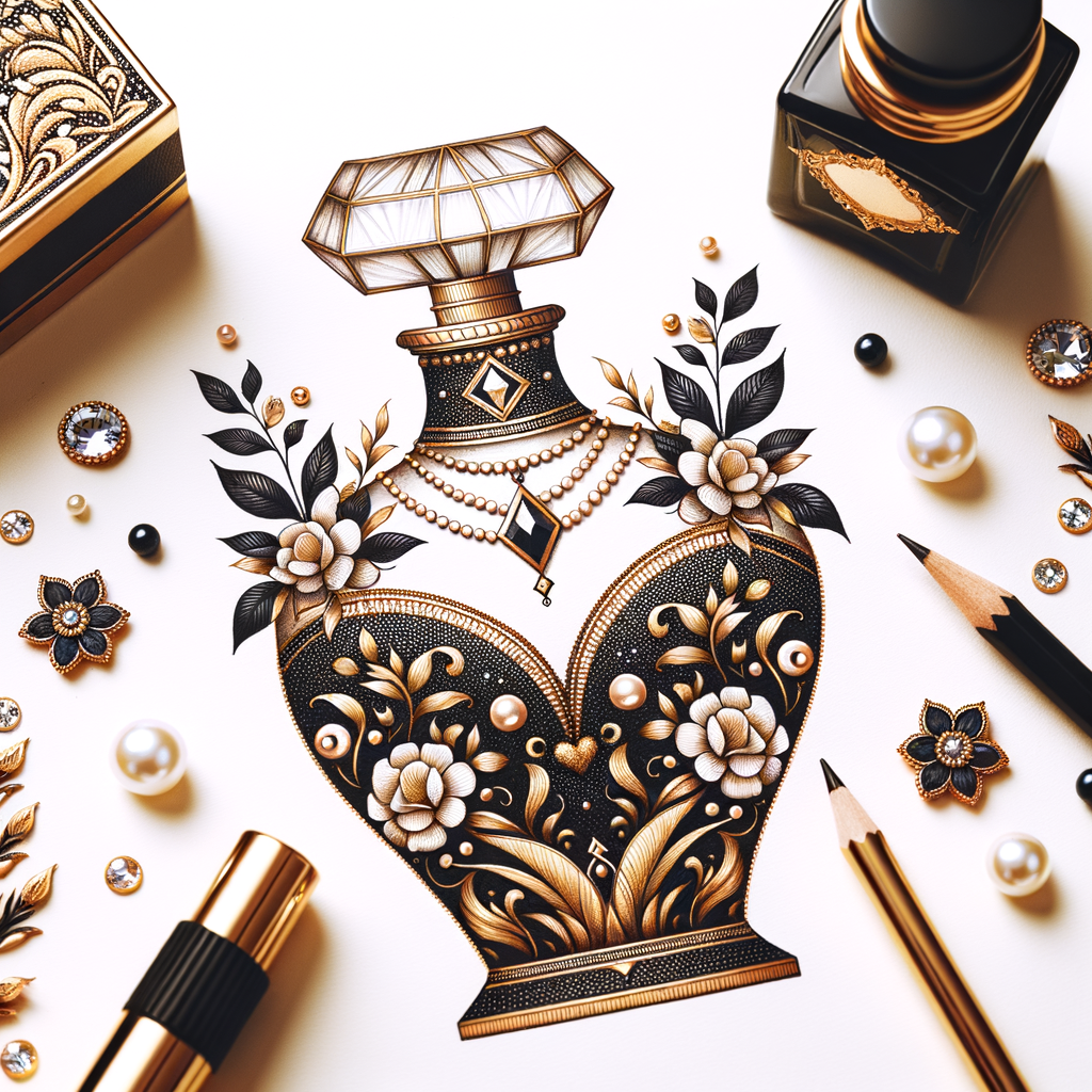 Design a fancy, black and gold bottle of perfume in the shape of a woman’s body. With a golden diamond top, flowers pearls and Diamonds in the name, Karen