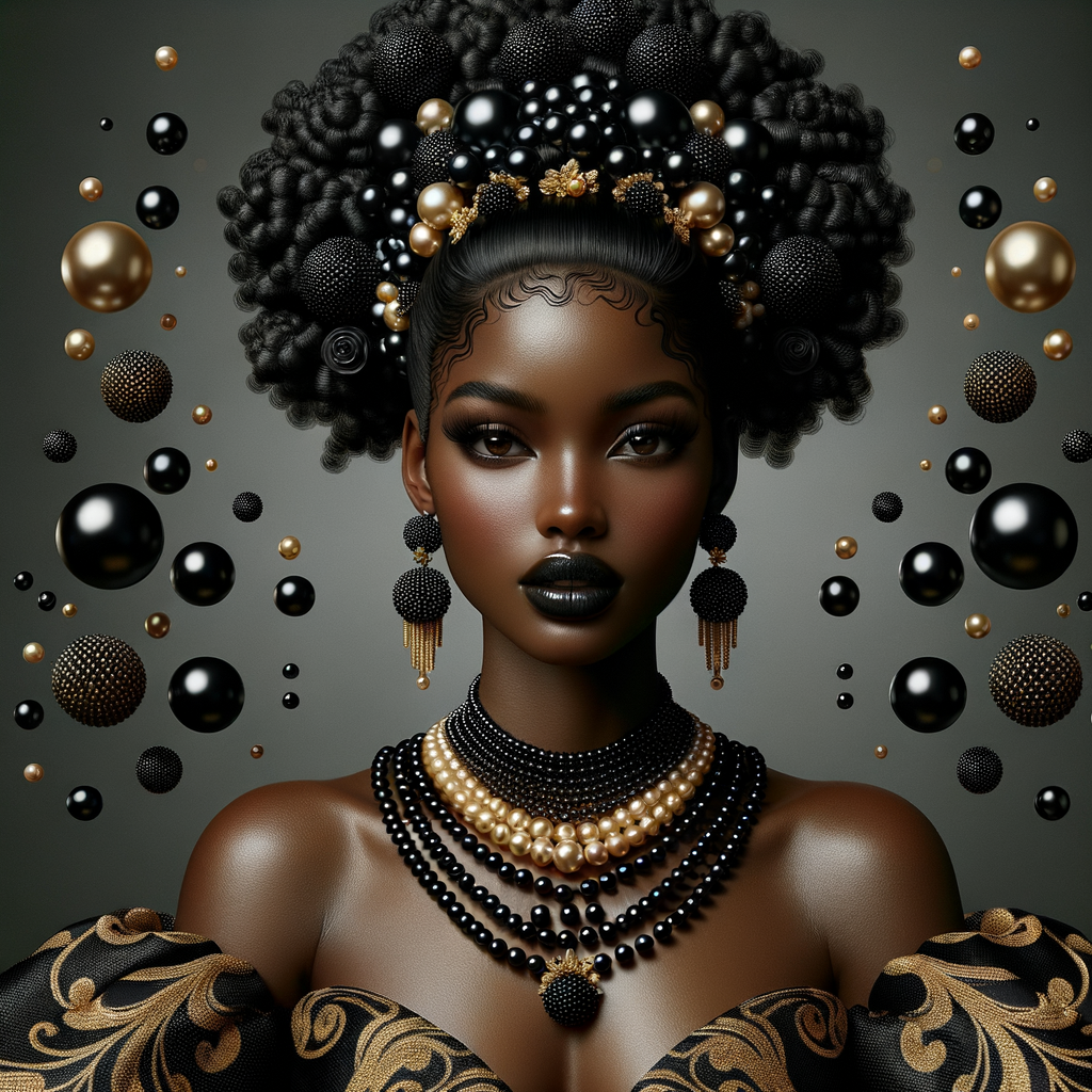 Imagine a digital portrait of a light skinned African-American Latino regal woman named KAREN Her attire and accessories are exclusively adorned with black and gold pearls. They grace her voluminous hair, styled in an elegant updo, where the black pearls form the roots and the gold pearls create the stunning curls. Her ears boast chandelier earrings, with black pearls clustered at the top, transitioning to gold pearls that dangle with delicate grace. Around her neck, a tiered necklace cascades with strands of alternating black and gold pearls, reflecting a sophisticated contrast.

Her shoulders are draped with a luxurious off-shoulder gown, the fabric's weave incorporating intricate patterns formed by black and gold pearls. The gown's texture has a subtle sheen, suggesting a high-quality material with a pearlescent finish. As a centerpiece, a grand brooch sits at her collar, with a large gold pearl surrounded by an elaborate design of smaller black pearls.

The background of the portrait features an abstract composition of floating pearls, swirling in a dance of shadows and light, emphasizing the color theme of black and gold. The name "KAREN" is discreetly integrated into the lower right corner of the artwork, blending seamlessly with the design, as if it were a signature part of the jewelry ensemble. The overall effect is one of timeless elegance, a blend of modern design and classic beauty, all tied together by the luxurious palette of black and gold.