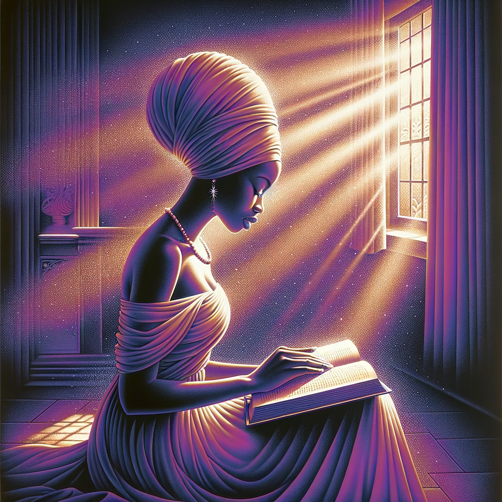 A contemporary art-style painting of an African American woman adorned in a headwrap, with an open book before her. She sits with hands clasped in prayer over her knees, depicted in a flat vector design. The scene is set in a cozy room bathed in sunlight streaming through a window, illuminated in shades of fluorescent purple and brown. She's dressed in a flowing gown, her skin exhibiting a radiant glow, encircled by a luminescent aura. The painting's edges feature a subtle smudge effect, adding to its charm, while mystical sparkles enhance the ambiance.