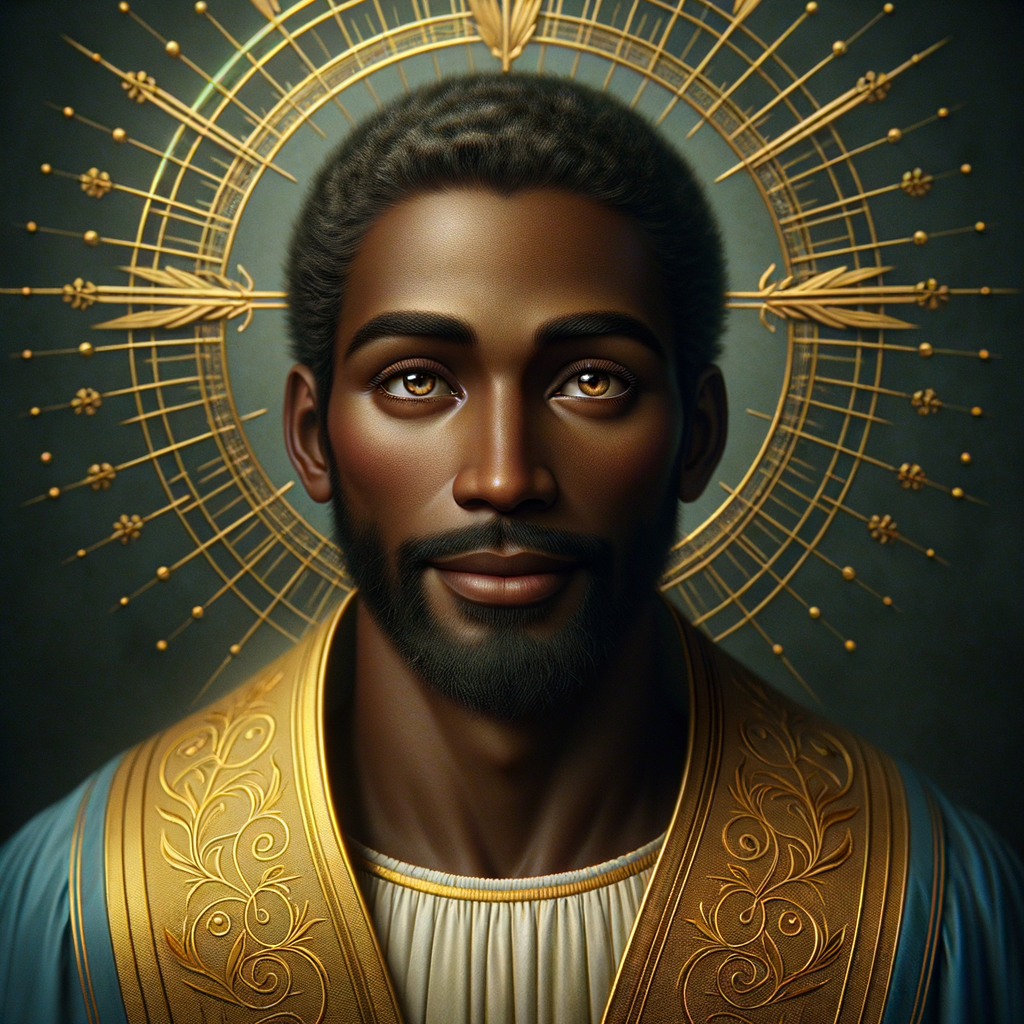 Create a African-American Christian Jesus, with brown eyes, wearing a blue and gold robe