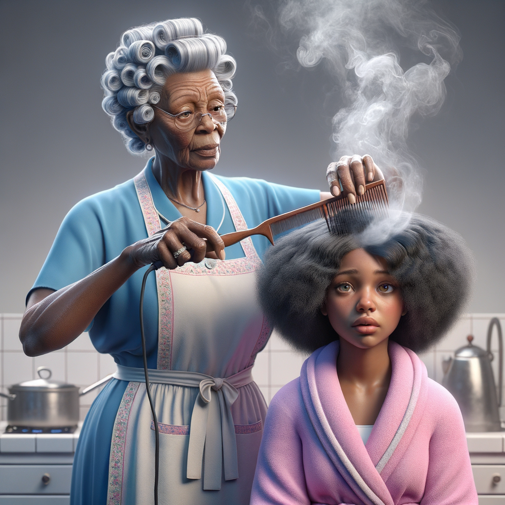 Create a realistic 3-D image of an african-American grandmother wearing a blue house dress and a white apron . She is in the kitchen with her african-American granddaughter. Her granddaughter is wearing a pink bath robe. The grandmother has a hot comb in her hand and she is straightening her granddaughters hair. One side of her granddaughters hair is in  a Afro the other straight 
There is smoke coming from the hot comb
The granddaughter is making a face