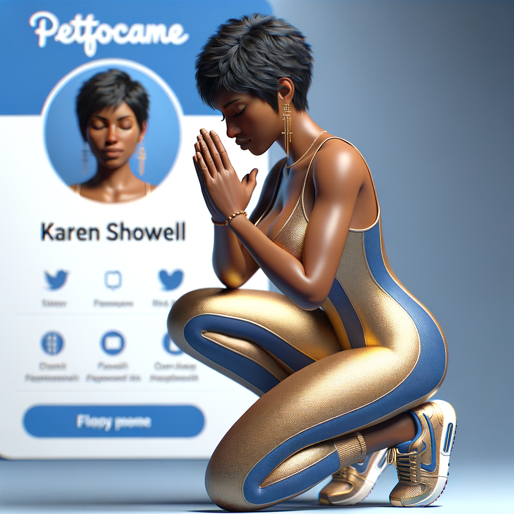 Create a 3D illustration of a realistic light skinned African-American woman on The remote her knees Praying , she has a black pixie cut haircut FACEBOOK social media with a FACEBOOK BACKGROUND . She is wearing a gold and blue jumpsuit and gold and blue Nike gym shoes. The background is a FACEBOOK social media profile with a user name “KAREN SHOWELL ” and profile FACEBOOK Cover