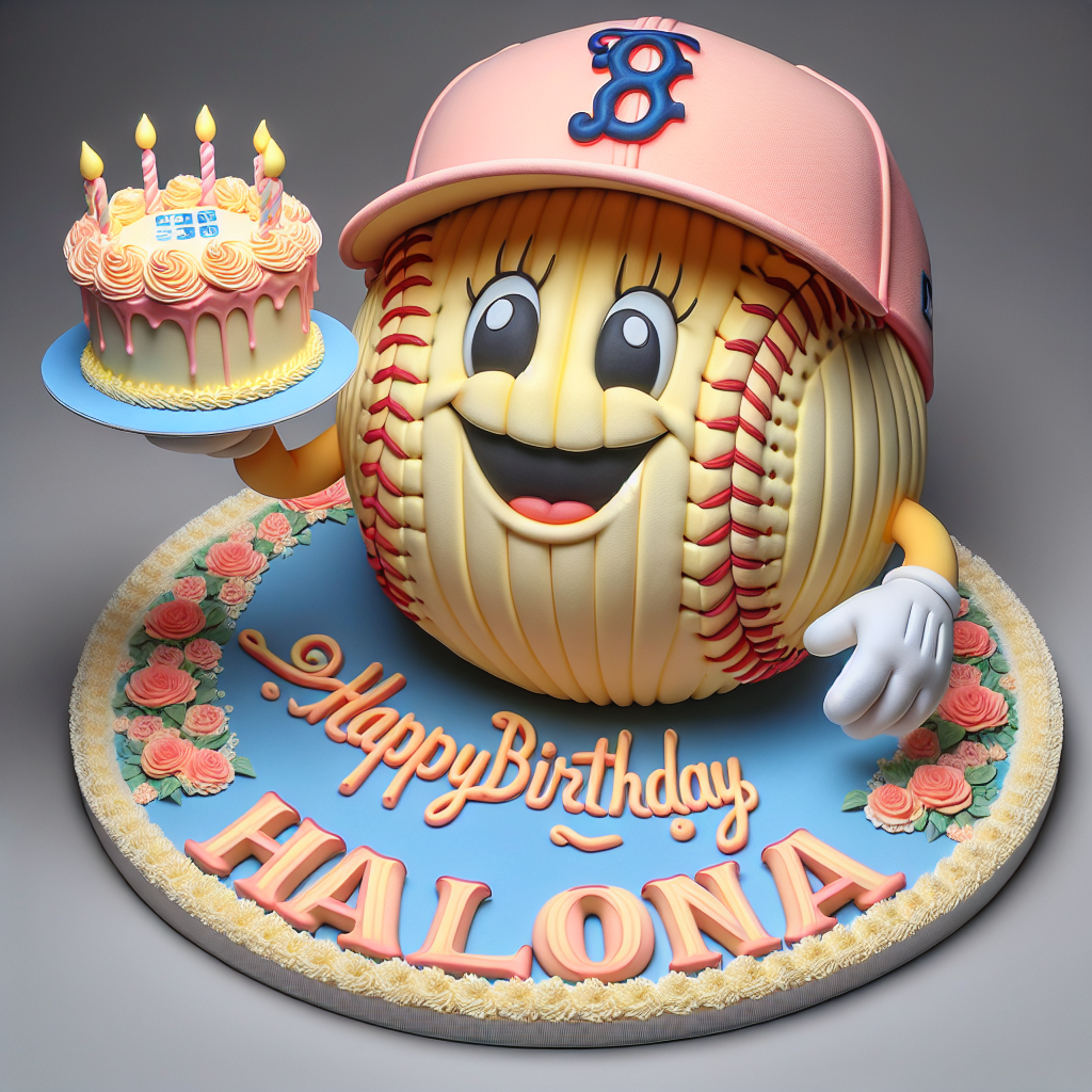 Anamorphic baseball holding a cake that says "HAPPY BIRTHDAY HALONA" light pink and yellow color palette