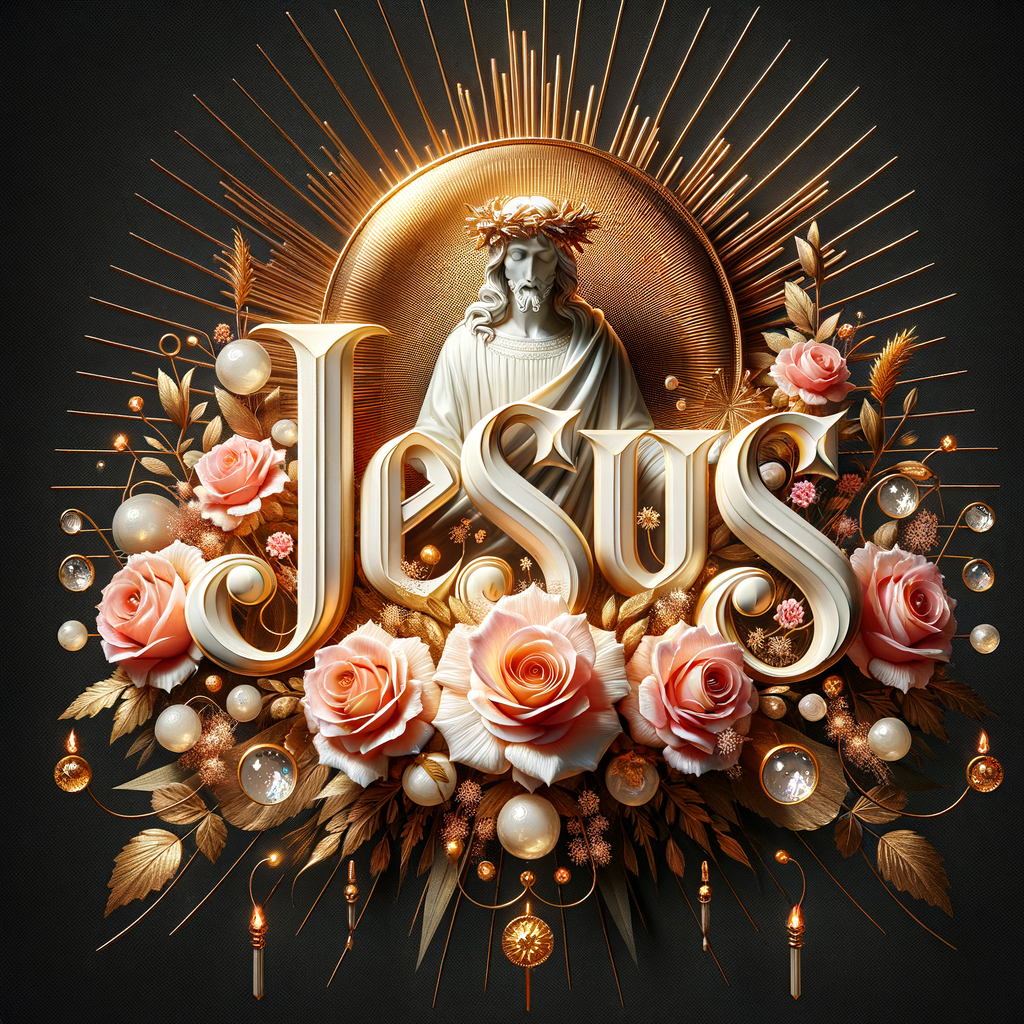 Create an elegant and celebratory image that radiates warmth and grace. At the forefront, craft the word "JESUS" in bold, 3D lettering with a luxurious mix of metallic sheen and white enamel, giving it a raised, tangible feel. Surround the text with a bouquet of beautifully rendered soft pink roses in full bloom, exuding a sense of peace and love. Include accents of gold leaf and small, radiant gemstones that gently scatter light. The backdrop should feature a radiant halo of golden rays emanating outward, enhancing the composition's divine atmosphere. The overall design should convey a sense of reverence and the beauty of faith, all harmoniously balanced and rich in texture.