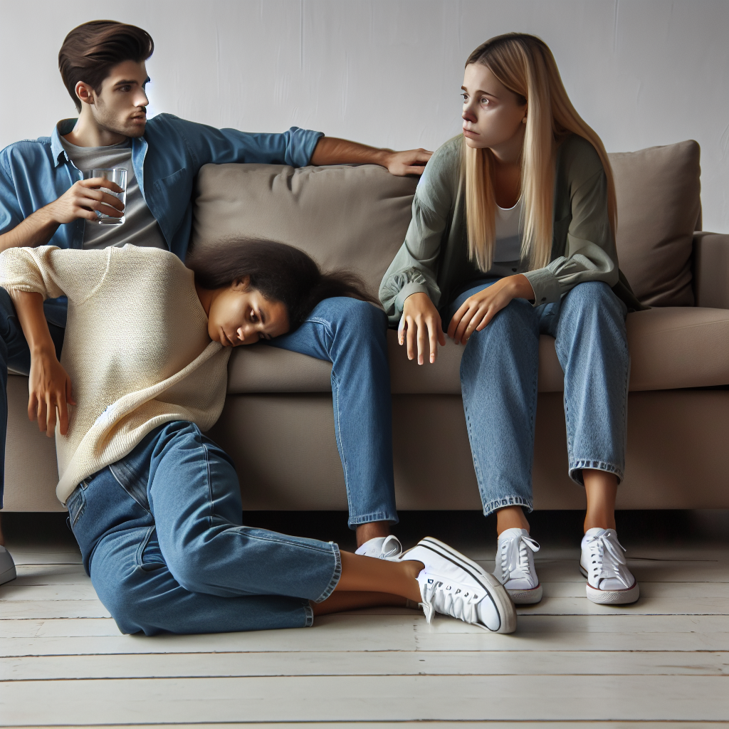 Mixed race Woman passed out on floor while a white young man and a white woman sit close on couch, unconcerned.