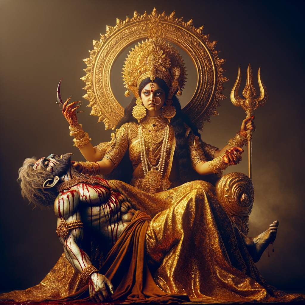 portrait of angry looking goddess durga sitting on a gold crown and carrying a weak mahishasur on her lap and stabbing him with her amazingly long fingernails. She is wearing gold armor, a huge gold crown, gold saree, abundant  gold jewelry, covered in blood. The scene is set in ancient India. The image is 8K resolution, photography, cinematic, ultra detailed face and epic