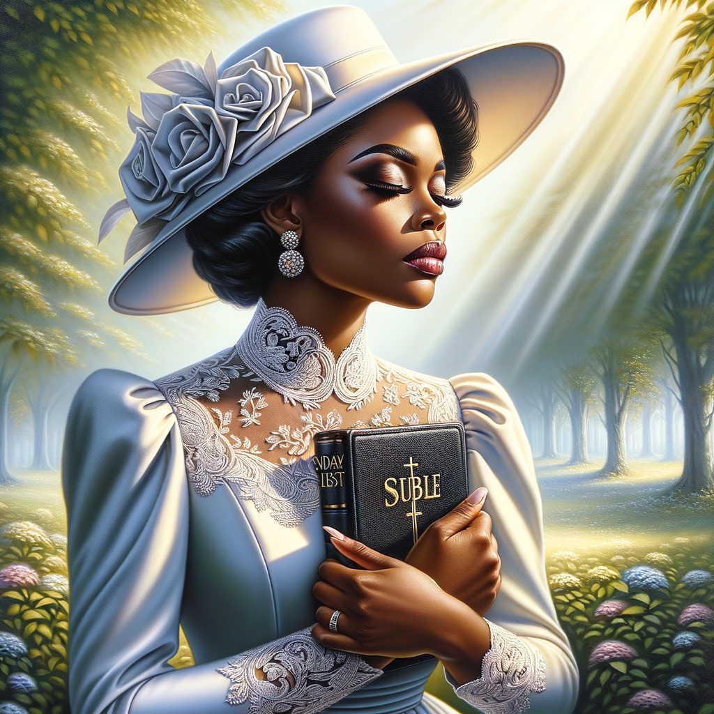 Render an airbrush oil painting of an African American woman with flawless makeup in a
contemplative pose, holding a Bible close to her heart, dressed in an elegant Sunday Best
outfit with a distinctive Church Hat. The background features a peaceful church garden,
with light filtering through the trees, highlighting her spiritual connection and the personal
moment of reflection. The artwork should capture the tranquility of the scene, the beauty
of her attire, and the depth of her contemplation, reflecting a serene and spiritually