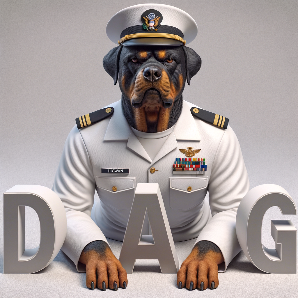 A mean Rottweiler, the Rottweiler is a US Navy officer in a white uniform, down below, spells the words BIG DAWG