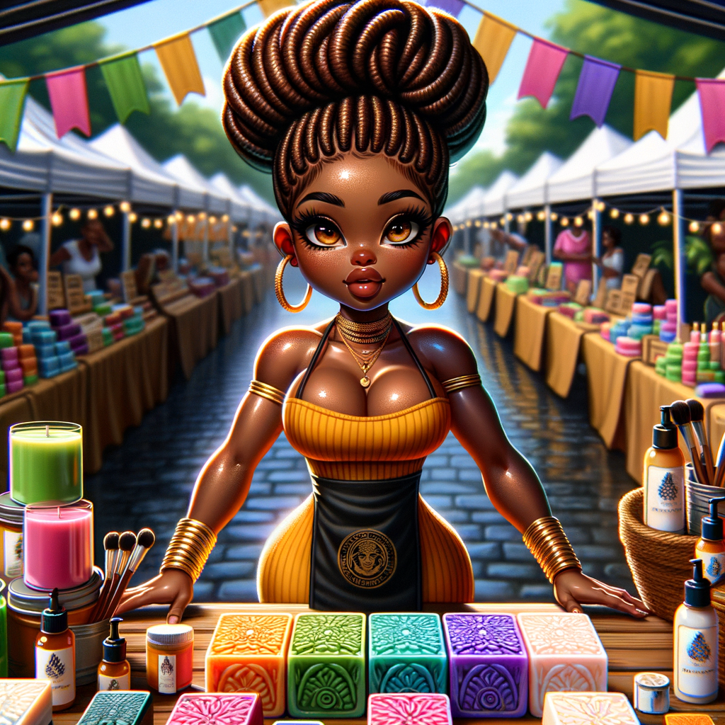 "Envision a digital painting of a vibrant African American chibi character, boasting an athletic yet curvy build. She has wide almond-shaped eyes and luscious full lips. Her hair is elegantly styled into an updo of locs, each adorned with shiny golden cuffs. She stands proudly behind a booth at a bustling craft fair, surrounded by her own handmade colorful soaps and aromatic candles. She wears a branded apron over a cheerful summer dress, actively engaging with customers. The perspective of the artwork is dynamic, with the craft table positioned at an inviting angle, allowing a three-dimensional view of the varied products. Banners flutter above her, displaying the brand name in a festive font. This scene is alive with the fair's energetic atmosphere, focusing on the rich interactions between the creator and her patrons, and showcasing the intricate textures and vivid colors of the crafts."