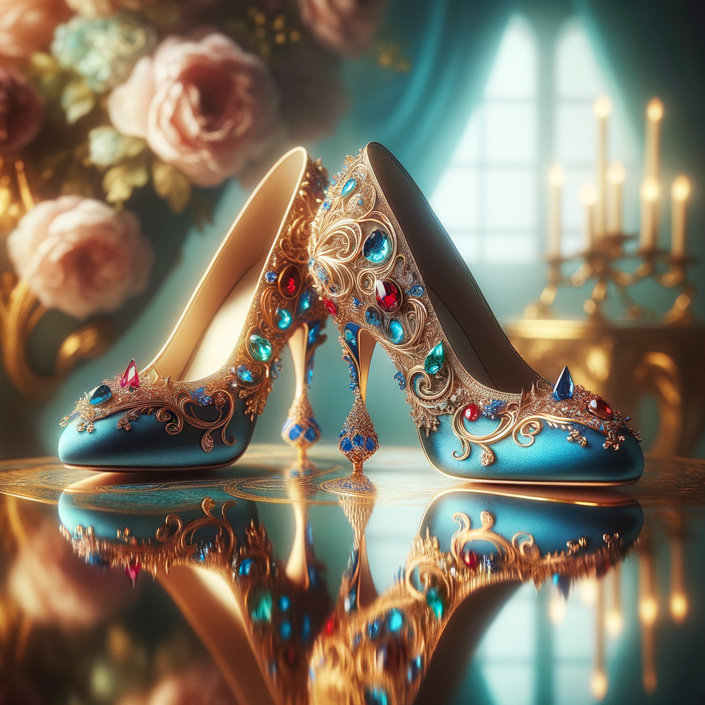 Imagine a pair of enchanting shoes, each a mirror image of the other, placed gracefully upon a regal surface. They are bathed in the soft, diffuse light that casts gentle reflections upon their silk fabric. These shoes are no ordinary footwear; they are a masterpiece of vibrant royal blue, adorned with ornate golden filigree and a multitude of glittering jewels in various hues—rubies, sapphires, emeralds, and delicate pink diamonds. Each shoe boasts an elegant, curved heel in a matching vivid blue, with tiny red and blue gems accenting the base. The shoes are positioned against a backdrop of soft-focus flowers, their pastel colors complementing the rich tones of the shoes, with hints of gold framing providing a touch of opulence. This image captures the essence of a fairy tale brought to life, a visual symphony of color and splendor.