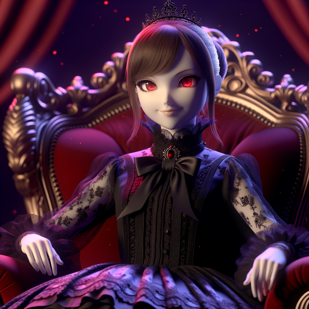 A woman named lilith wearing elegant gothic lolita dress  sitting on the thrones, red purple aura, smirk evil, 3D, humanlike