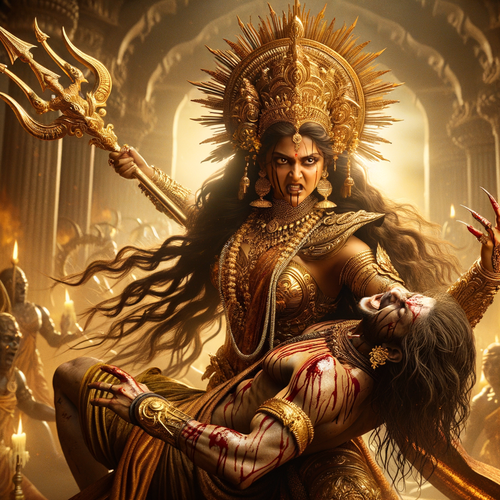 portrait of angry looking goddess durga slaying a weak mahishasur by carrying him in her arms and stabbing him with her amazingly designed trident. She is wearing gold armor, a huge gold crown, gold saree, abundant  gold jewelry, covered in blood. The scene is set in ancient India. The image is 8K resolution, cinematic, ultra detailed face and epic.