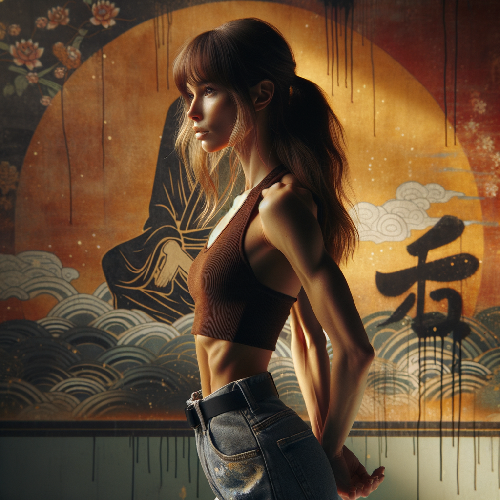 Athletic Thin skinny Attractive, Asian teenage girl, long brown hair and bangs, wearing tight skinny jeans and a halter top paint marks on her clothing, heroic pose Asian graffiti background, side view