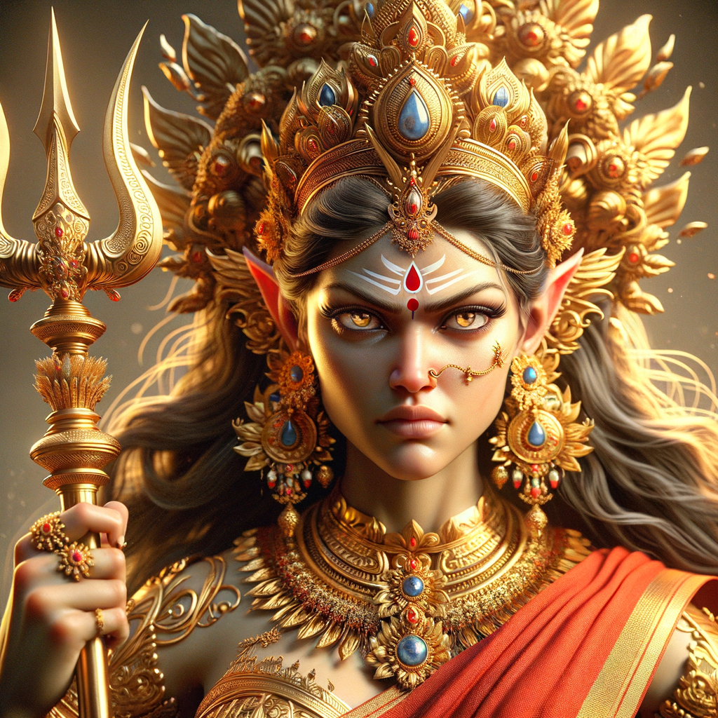 Waist up portrait of angry goddess durga  with athletic body, holding a trident, big breasts, wearing gold jewelry all over body, huge gold crown, red saree, gold armor, ultra detailed face, UHD, 8K, photography