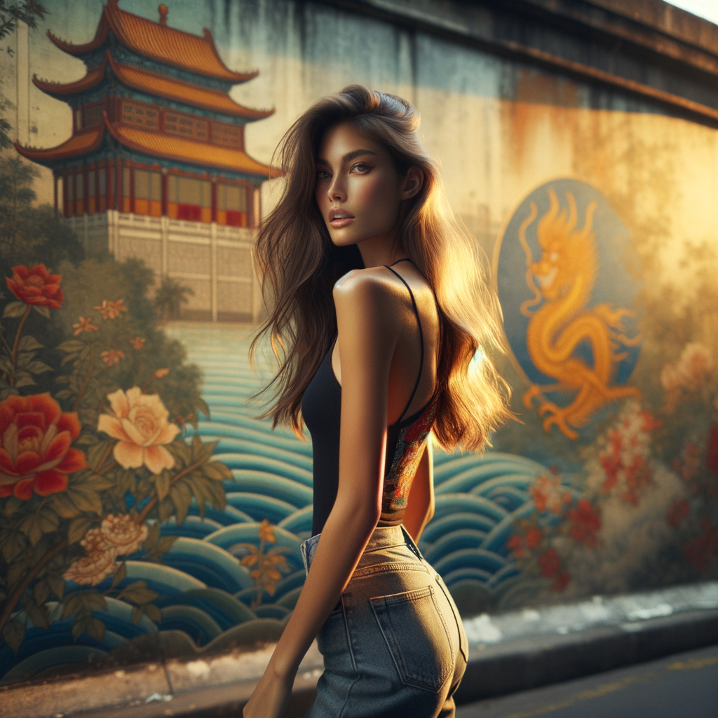 Athletic Thin skinny Attractive, Asian teenage girl, long brown hair and bangs, wearing tight skinny jeans and a halter top paint marks on her clothing, heroic pose Asian graffiti background, backside view