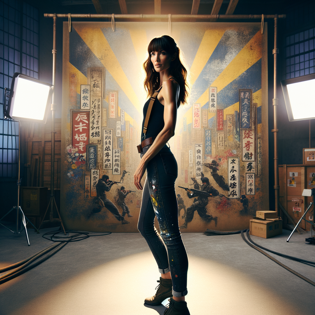 Athletic Thin skinny Attractive, Asian teenage girl, long brown hair and bangs, wearing tight skinny jeans and a halter top paint marks on her clothing, heroic pose Asian graffiti background, backside view