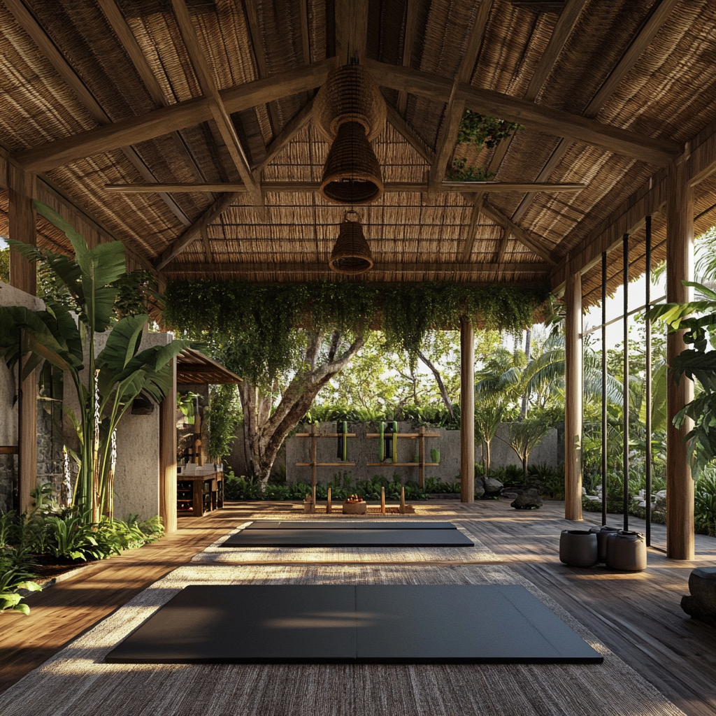 Design an MMA fight camp and fitness center in Bali, Indonesia, that seamlessly blends eco-friendly and natural elements to create a cozy yet modern and stylish environment. Ensure the facility acknowledges local Balinese architectural aesthetics while offering state-of-the-art training amenities suitable for elite fighters.