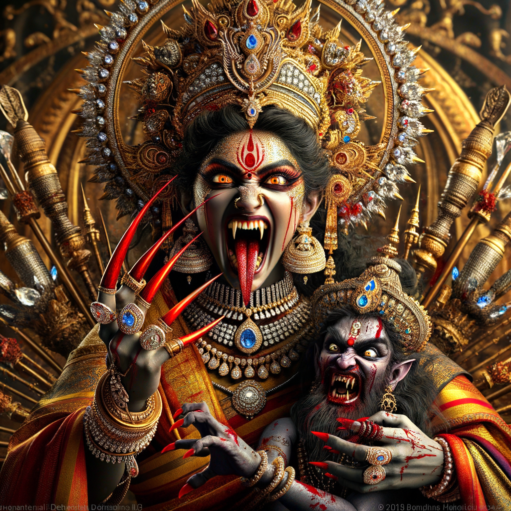 portrait of extremly angry looking goddess kali, sitting on a gold crown and carrying a weak mahishasur on her lap and stabbing him with her amazing long red finger nails. She is wearing diamond armor, a huge diamond crown, red saree, abundant diamond jewelry, covered in blood. The scene is set in ancient India. The image is 8K resolution, cinematic, ultra detailed face and epic.