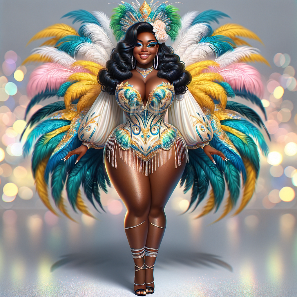 Create a 3-D  vivid full-body view of a colorful glossy hyper-realistic oil painting of a detailed illustration full length photo single image of a beautiful African-American caramel skinned woman plus sized, with long, black, wavy hair, her make up is airbrushed and flawless, she is dressed in a white, teal and yellow large, elaborate, elegant, very detailed carnival costume with colorful African-American pink, blue, gold yellow green feathers, flawless makeup, prominent lashes, black peep toe heels, white pixie hair, background bokeh, she is stunning and smiling, digital art.