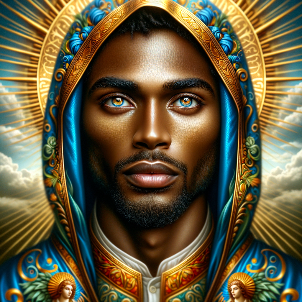 Create a beautiful African-American Jesus Christ with Hazel, brown eyes and blue and gold robe