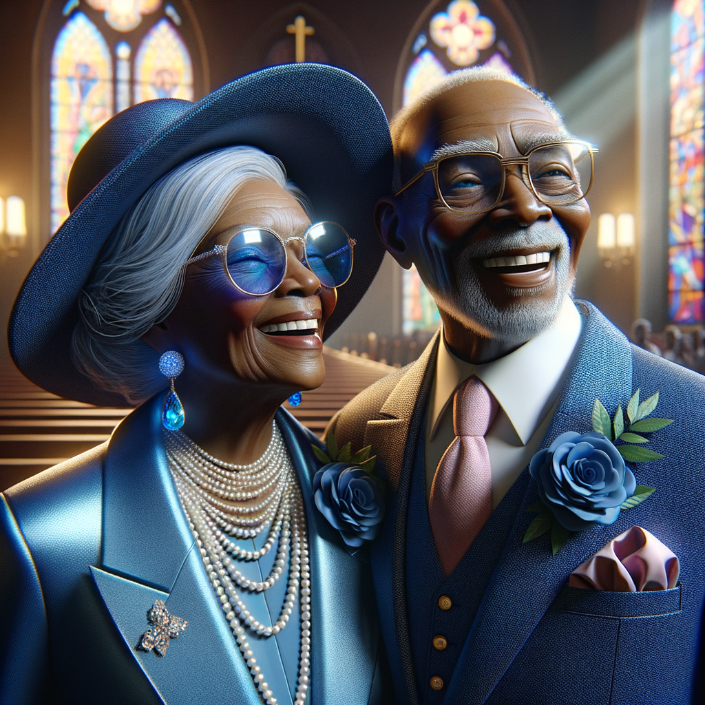 Create a heartwarming and detailed realistic 3-D image of an elderly African American couple sharing a moment of joy and laughter. The woman is stylishly dressed in a blue church suit with a matching wide-brimmed hat and bedazzled, blue-tinted glasses that sparkle with personality. Her jewelry is elegant and classic, featuring pearls and matching blue diamond earrings. The man is dapper in a sharp blue suit with a pink tie and pocket square, his glasses adding a touch of sophistication. They are at a church event, the stained glass windows casting a colorful glow around them. Their expressions are filled with happiness, reflecting a life well-lived and a relationship filled with love.