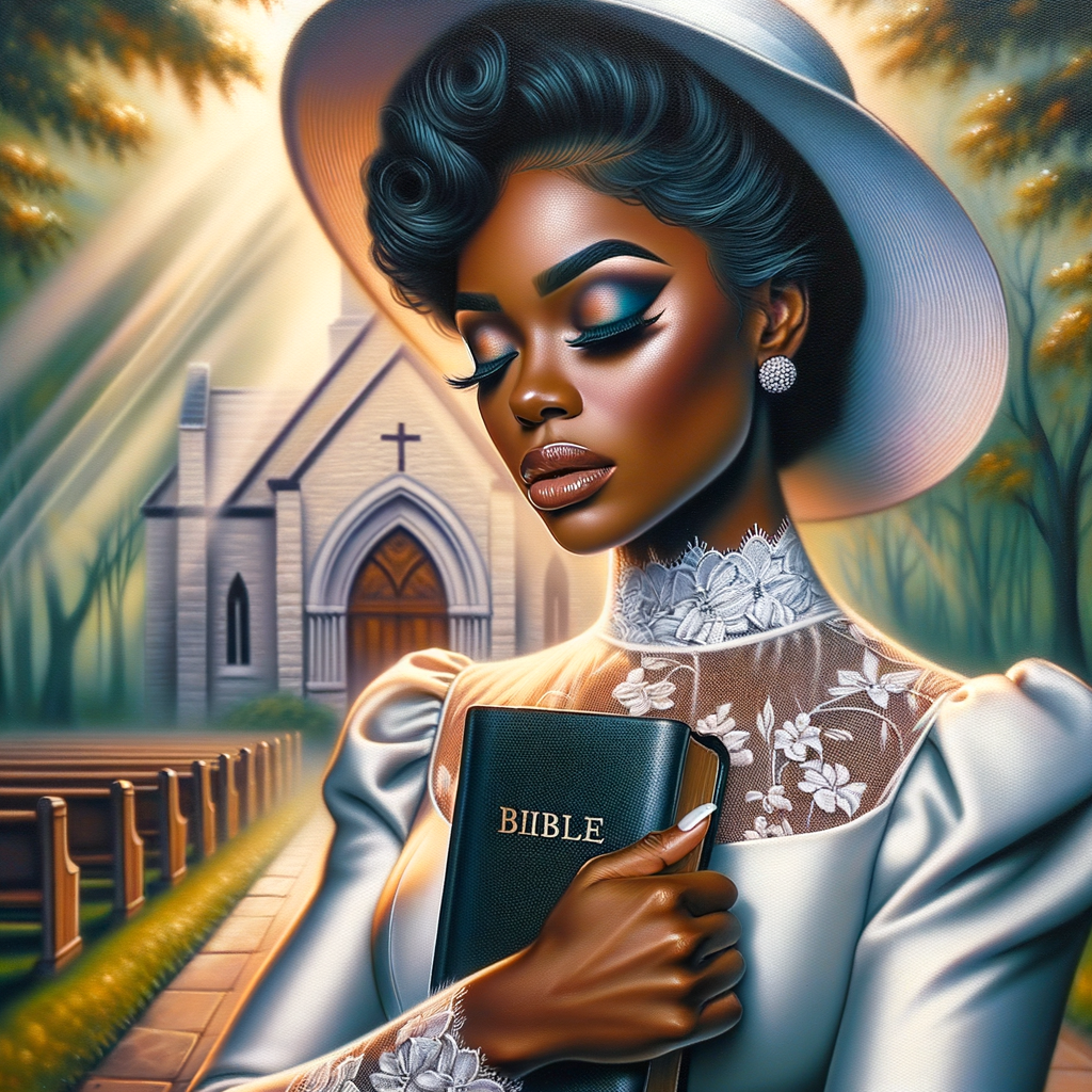 Render an airbrush oil painting of an African American woman with flawless makeup in a
contemplative pose, holding a Bible close to her heart, dressed in an elegant Sunday Best
outfit with a distinctive Church Hat. The background features a peaceful church garden,
with light filtering through the trees, highlighting her spiritual connection and the personal
moment of reflection. The artwork should capture the tranquility of the scene, the beauty
of her attire, and the depth of her contemplation, reflecting a serene and spiritually