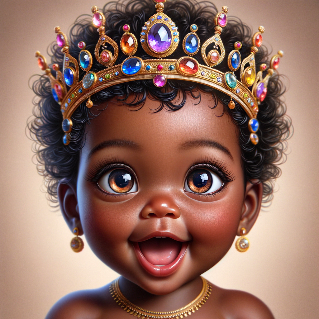 "Create a digital portrait of an adorable african-American baby girl with a joyful expression. She is wearing a gold crown with colorful jewels. Her big, bright blue eyes are wide with wonder, and her tiny mouth is shaped in a happy grin. Her skin has a warm, honey-brown tone, and she has an abundance of thick curly black hair, The background is soft and neutral to keep the focus on her delightful features. The portrait should be vibrant and heartwarming, celebrating the innocence and charm of childhood."