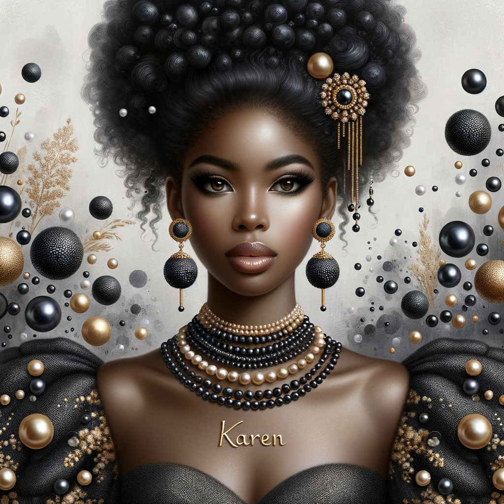 Imagine a digital portrait of a light skinned African-American Latino regal woman named KAREN Her attire and accessories are exclusively adorned with black and gold pearls. They grace her voluminous hair, styled in an elegant updo, where the black pearls form the roots and the gold pearls create the stunning curls. Her ears boast chandelier earrings, with black pearls clustered at the top, transitioning to gold pearls that dangle with delicate grace. Around her neck, a tiered necklace cascades with strands of alternating black and gold pearls, reflecting a sophisticated contrast.

Her shoulders are draped with a luxurious off-shoulder gown, the fabric's weave incorporating intricate patterns formed by black and gold pearls. The gown's texture has a subtle sheen, suggesting a high-quality material with a pearlescent finish. As a centerpiece, a grand brooch sits at her collar, with a large gold pearl surrounded by an elaborate design of smaller black pearls.

The background of the portrait features an abstract composition of floating pearls, swirling in a dance of shadows and light, emphasizing the color theme of black and gold. The name "KAREN" is discreetly integrated into the lower right corner of the artwork, blending seamlessly with the design, as if it were a signature part of the jewelry ensemble. The overall effect is one of timeless elegance, a blend of modern design and classic beauty, all tied together by the luxurious palette of black and gold.