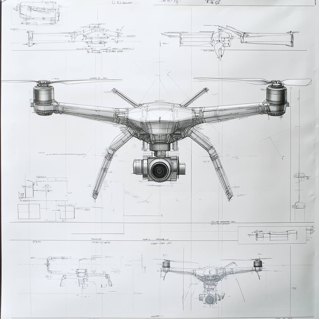 A detailed specification sheet for drone with callouts and dimensions, highly technical