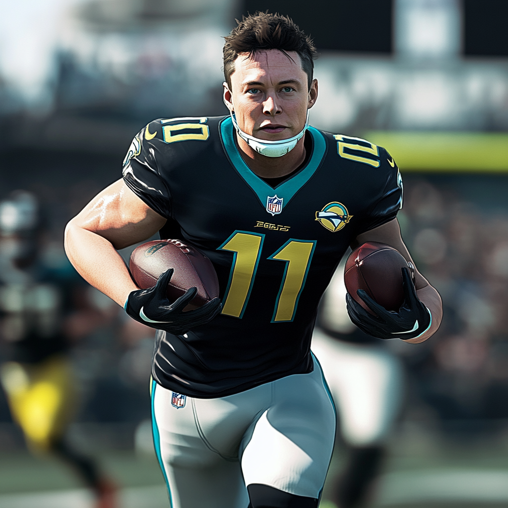 Elon Musk NFL player, there are many players around on the football field, the picture is in motion, in GTA style