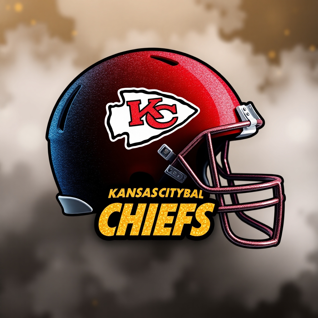 pretty glitter filled black outlined vividly  colored helmet with the Kansas City chiefs  football team logo and colors placed centrally with the team name written in bold graphic font Kansas City chiefs  the back  ground is smokey and gold